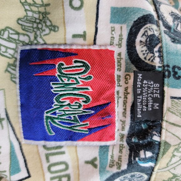 Dem Crazy Shirt Mens Medium Blue Button Up Camp Motorcycle Road Trip Travel - Picture 6 of 6